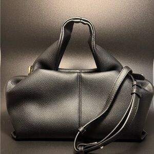 Black Asymmetrical Leather Shoulder Bag with Adjustable Strap